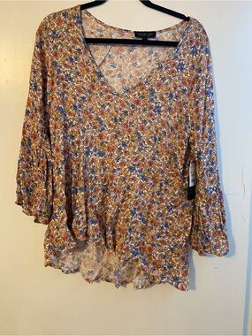 Rachel Zoe Multi Floral V-Neck Bell Sleeve Blouse